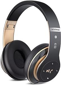 Prtukyt 6S Wireless Bluetooth Headphones Over Ear, Hi-Fi Stereo Foldable Wireless Stereo Headsets Earbuds with Built-in Mic, Volume Control, FM for Phone/PC (Black & Gold)