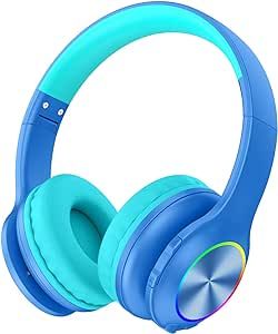 2023 Bluetcooth Kids Headphones Fit for Aged 3-21, Colorful LED Lights Comfort Wireless Headphones with Microphone 94dB Volume Limited for School/iPad/PC/TV/Cellphones, Wired & TF Card Mode, Blue