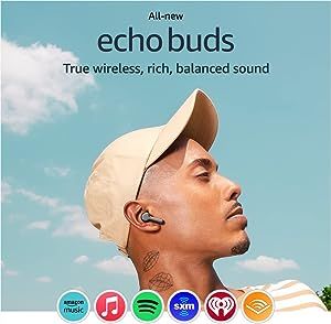 All-new Echo Buds (2023 Release) | Semi-in-ear, True Wireless Bluetooth 5.2 Earbuds with Alexa, multipoint, 20H battery with charging case, fast charging, sweat resistant | Black