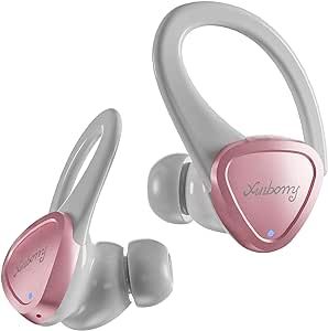 Xinborry Wireless Headphones Bluetooth Earbuds with Noise Cancelling Mic, Touch Control Bluetooth 5.3 Earphones 60H Playing Time with Charging case, Over Ear with Hooks for Sports, Hiking - Pink