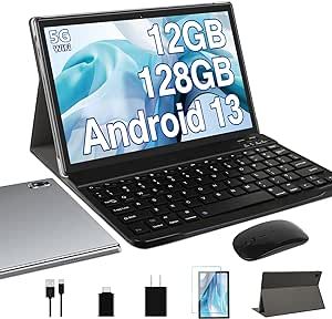 Oangcc Android 13 Tablet 10 Inch ???????? ???????????? with 12GB(6+6 Expand)+128GB Keyboard Mouse WiFi Bluetooth GPS 512GB Expand Support, Dual Camera Computer Tablets with Case - Gray