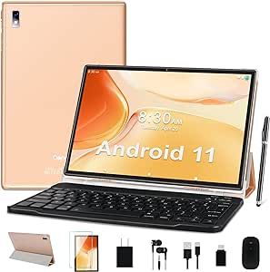 ???????????? Android 11 Tablet 10.1 Inch 2023 Newest Tablets, 4GB + 64GB (Max 128G) 8000mAh Battery with Bluetooth Keyboard | Mouse | GPS | Dual Camera | Case | WiFi support and More - A6 (Gold)