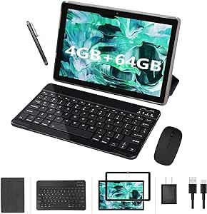 2 in 1 Tablet 10 Inch, Android 11.0 Tablet with Keyboard Case, 4GB+64GB ROM/512GB Computer Tablets, Quad Core, HD Touch Screen, Dual Carema, Games, Wi-Fi,BT, Google GMS Certified Tablet PC