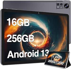 2023 Newest 11 inch Tablet Android 13 Tablets 16GB RAM 256GB ROM 1TB Expand, 2K 2000 x 1200 Display, Octa-Core, 13MP Triple Camera, 8600mAh, Quad Speakers, 5G/2.4G WiFi, GPS,Bluetooth,with Case -Grey