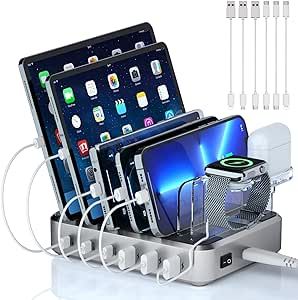 Charging Station for Multiple Devices - TYCRALI 81W 6 Port USB C Charging Station with 3 20W PD Charger, Phone and Watch Charging Stand for iPhone iPad iWatch AirPods Samsung Android Products