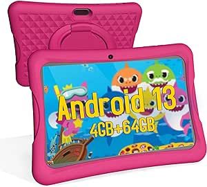 10" Kids Tablet Android 13.0, 4GB RAM+64GB ROM, Learning Tablets for Toddler Children Teen, WiFi-6, 2Ghz CPU, 2.4G/5G, Dual Camera, 10.1'' IPS HD Screen, Family Link, 8000mAh Battery, 2-Year Warranty