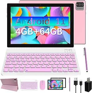 2 in 1 Tablet, 10 inch Android 11 Tablet with Keyboard 4GB+64GB+512GB Expand Dual Camera, IPS Touch Screen Tablet Computer, WiFi, Bluetooth, Long Battery Life, Google Certified Tablet PC, Pink