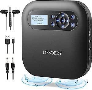 Desobry CD Player Portable, Bluetooth CD Player with Speakers, Portable CD Players for Home, Rechargeable Walkman CD Player for car with LCD Screen Anti-Skip Small CD Player with Dual Headphone Jacks