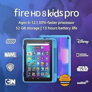 Amazon Fire HD 8 Kids Pro tablet, 8" HD display, ages 6-12, 30% faster processor, 13 hours battery life, Kid-Friendly Case, 32 GB, (2022 release), Cyber Blue