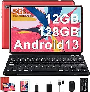FACETEL Tablet Android 13 Octa-Core 2.0 GHz Tablets 2023 12GB RAM 128GB ROM, 5G WiFi | 6000mAh | HD IPS | Bluetooth 5.0 | 1280 * 800 | Camera 5+8 MP | Tablet with Keyboard Mouse - Red